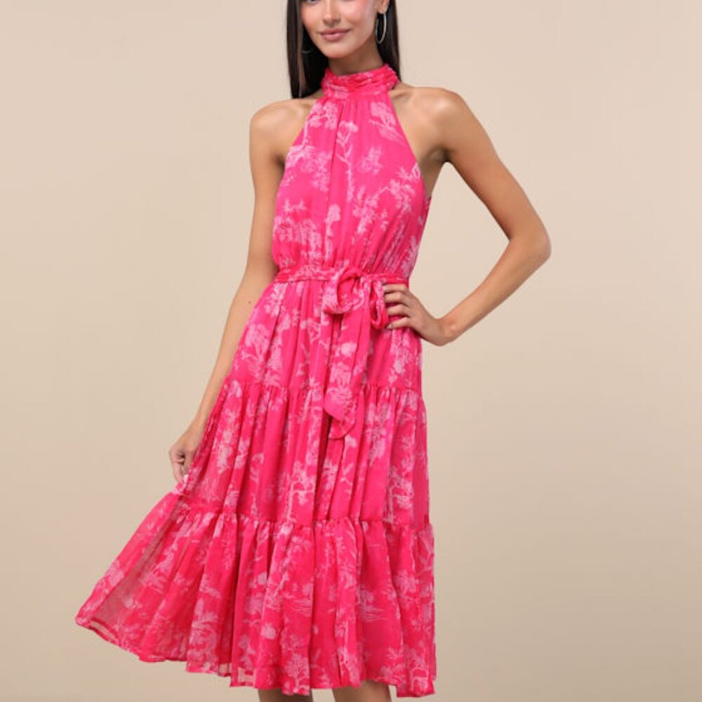 Lulus Float To You Hot Pink Floral Print Halter-neck Tiered Midi Dress - Size M